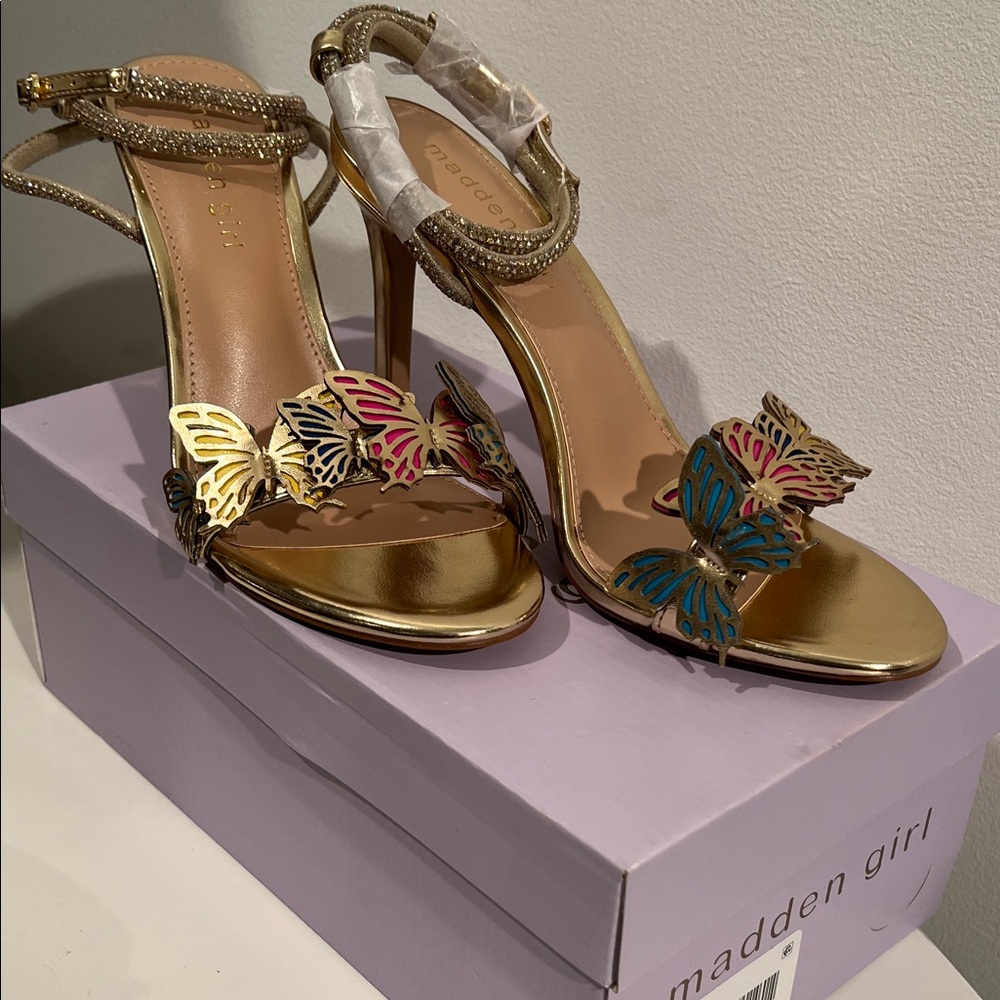 Madden Girl Metallic Heels with Colorful Butterfly Accents